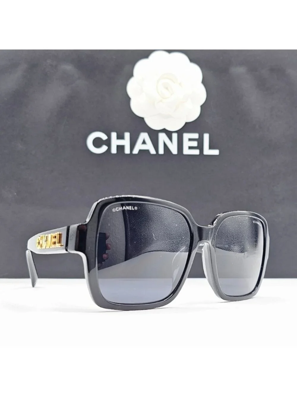 CHANEL BLACK SUNGLASSES CH5408A 622/S4 OVERSIZED GOLD LETTERS
